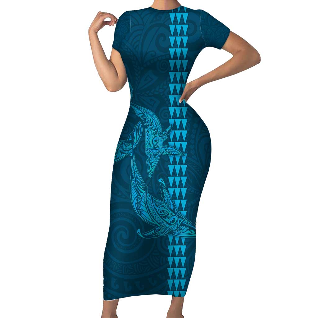 Aloha Hawaii Whale Kakau and Polynesian Tattoo Family Matching Short Sleeve Bodycon Dress and Hawaiian Shirt Light Blue Color LT03 Mom's Dress Light Blue - Polynesian Pride