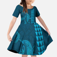 Aloha Hawaii Whale Kakau and Polynesian Tattoo Kid Short Sleeve Dress Light Blue Color