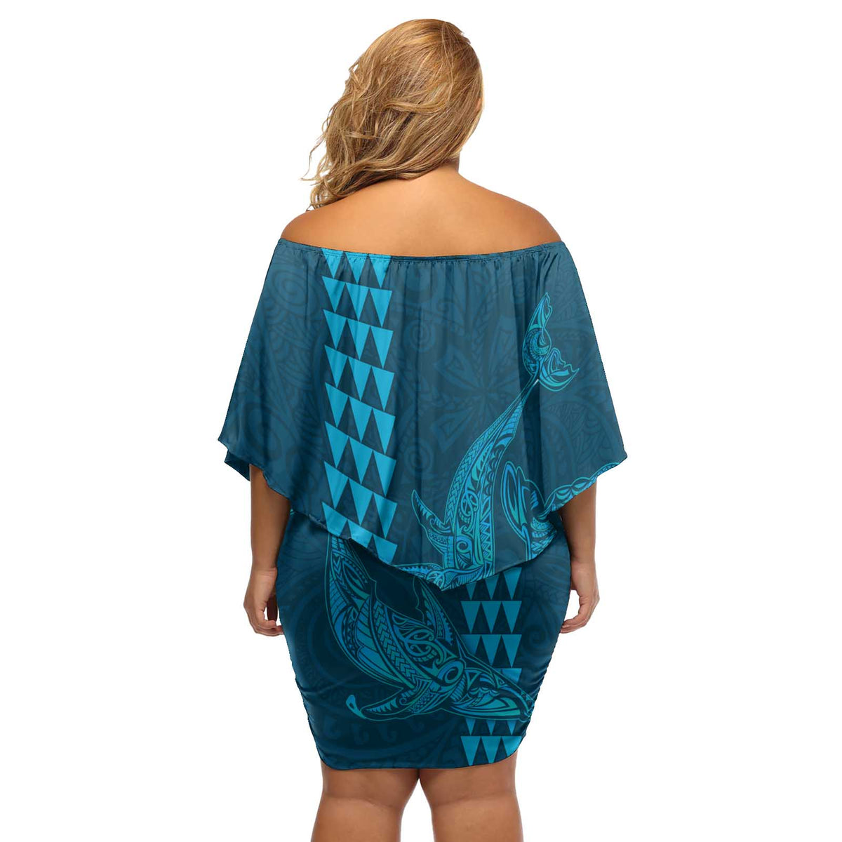 Aloha Hawaii Whale Kakau and Polynesian Tattoo Off Shoulder Short Dress Light Blue Color