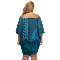 Aloha Hawaii Whale Kakau and Polynesian Tattoo Off Shoulder Short Dress Light Blue Color