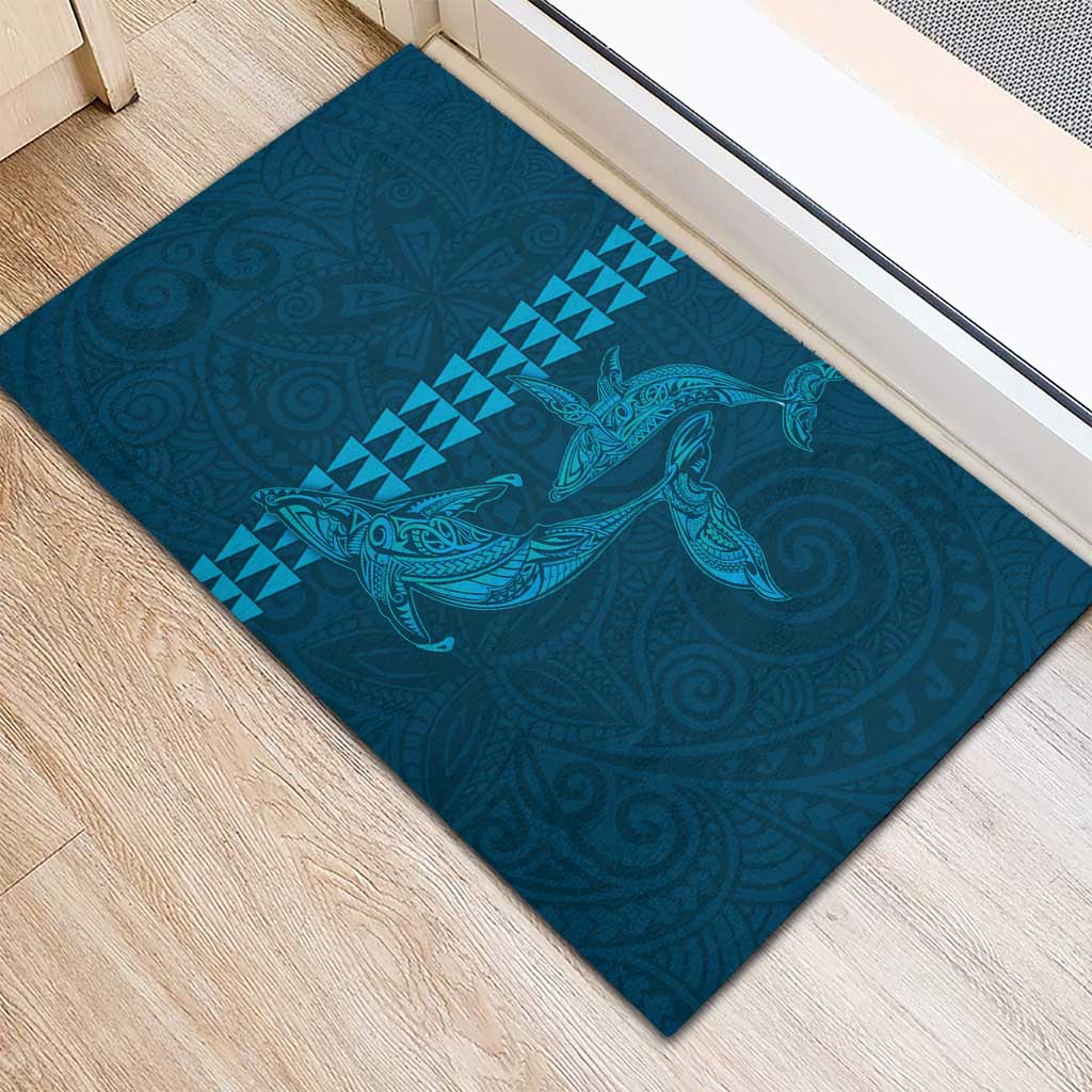 Aloha Hawaii Whale Kakau and Polynesian Tattoo Rubber Doormat Light Blue Color