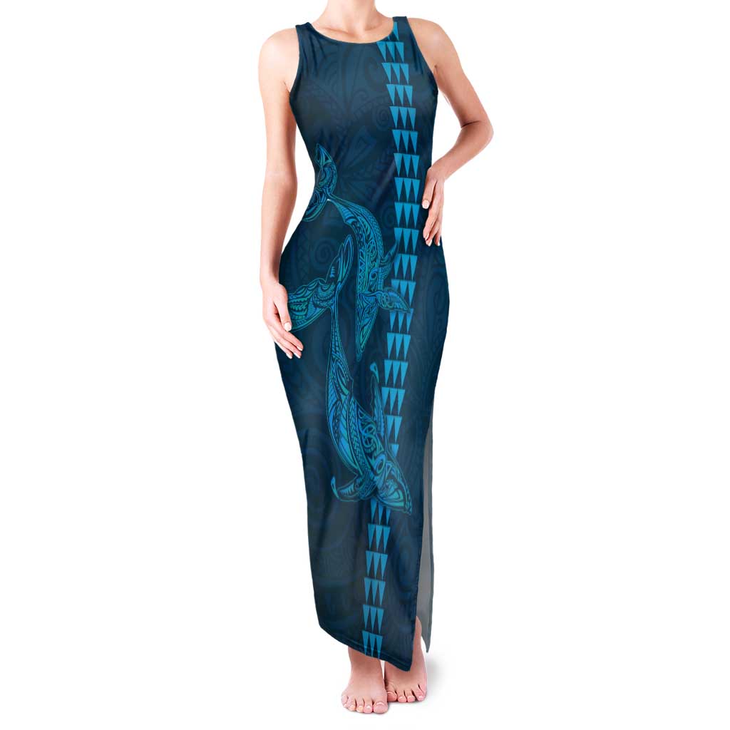Aloha Hawaii Whale Kakau and Polynesian Tattoo Tank Maxi Dress Light Blue Color