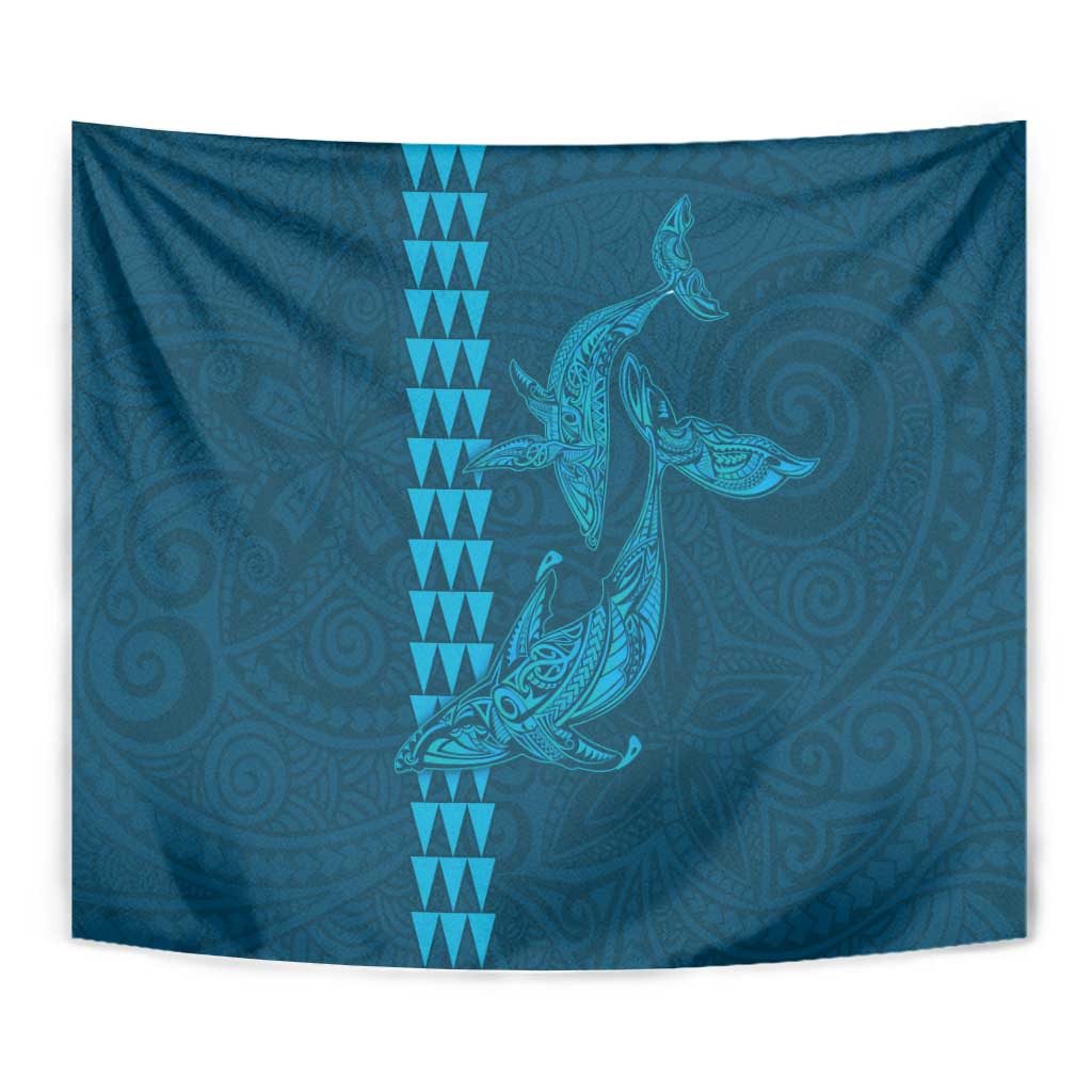 Aloha Hawaii Whale Kakau and Polynesian Tattoo Tapestry Light Blue Color