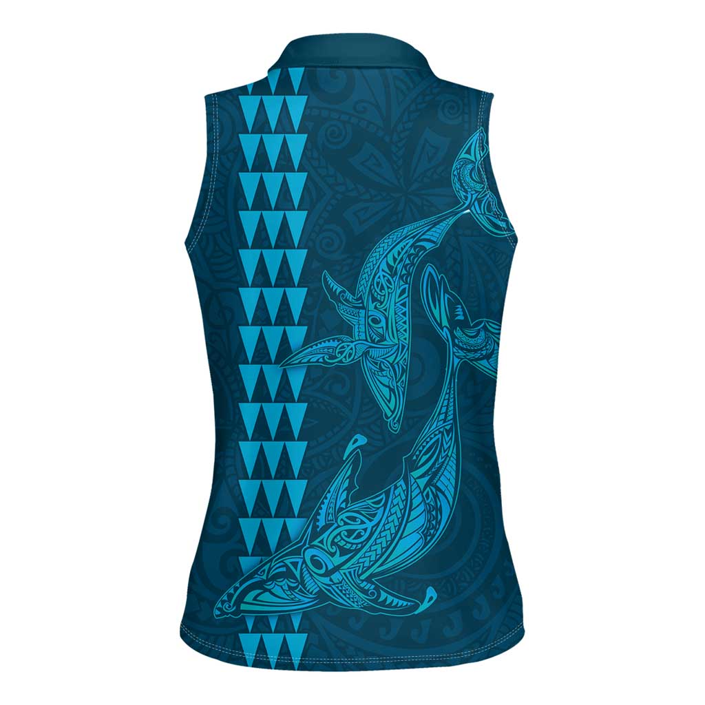 Aloha Hawaii Whale Kakau and Polynesian Tattoo Women Sleeveless Polo Shirt Light Blue Color