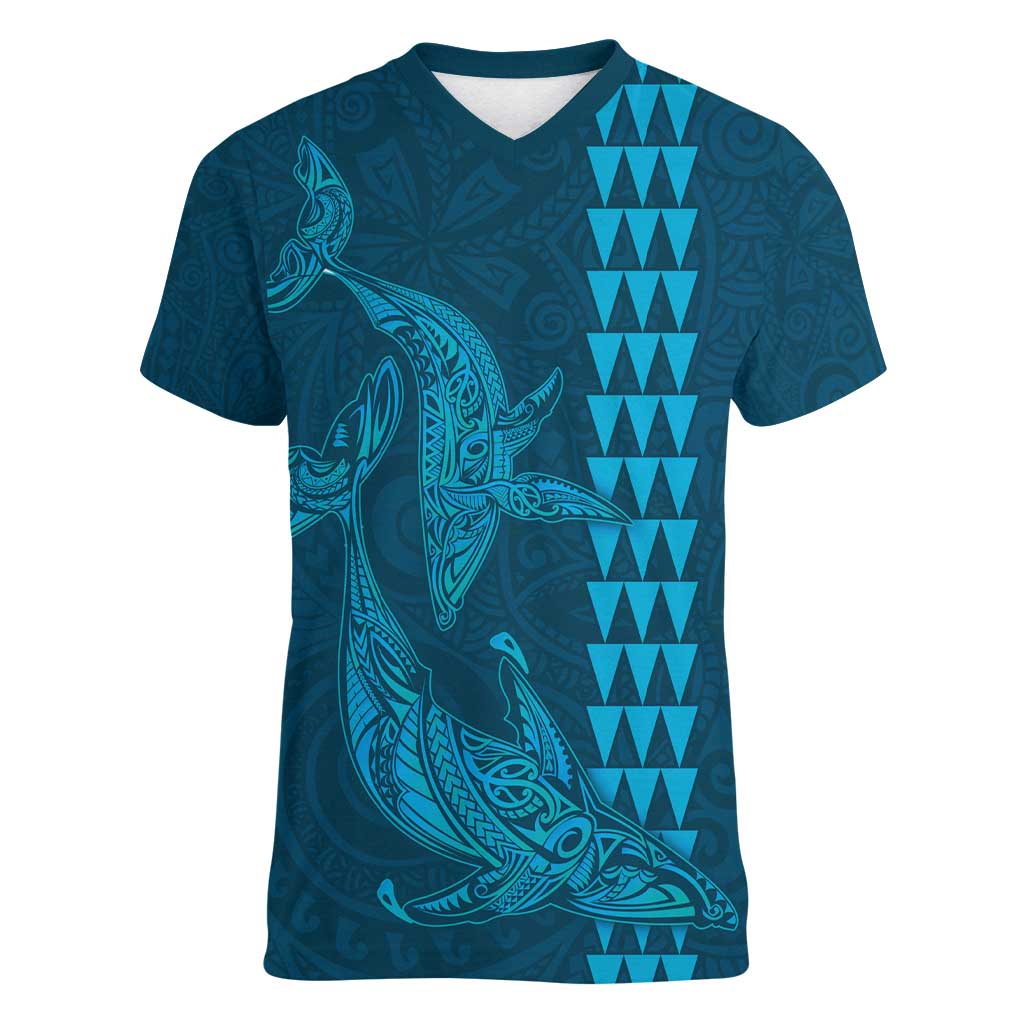 Aloha Hawaii Whale Kakau and Polynesian Tattoo Women V-Neck T-Shirt Light Blue Color