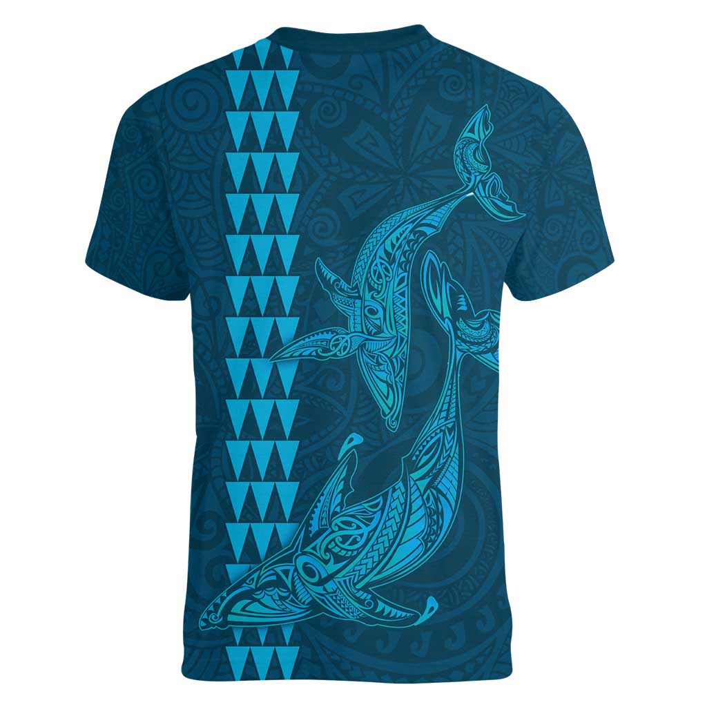 Aloha Hawaii Whale Kakau and Polynesian Tattoo Women V-Neck T-Shirt Light Blue Color