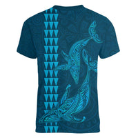 Aloha Hawaii Whale Kakau and Polynesian Tattoo Women V-Neck T-Shirt Light Blue Color