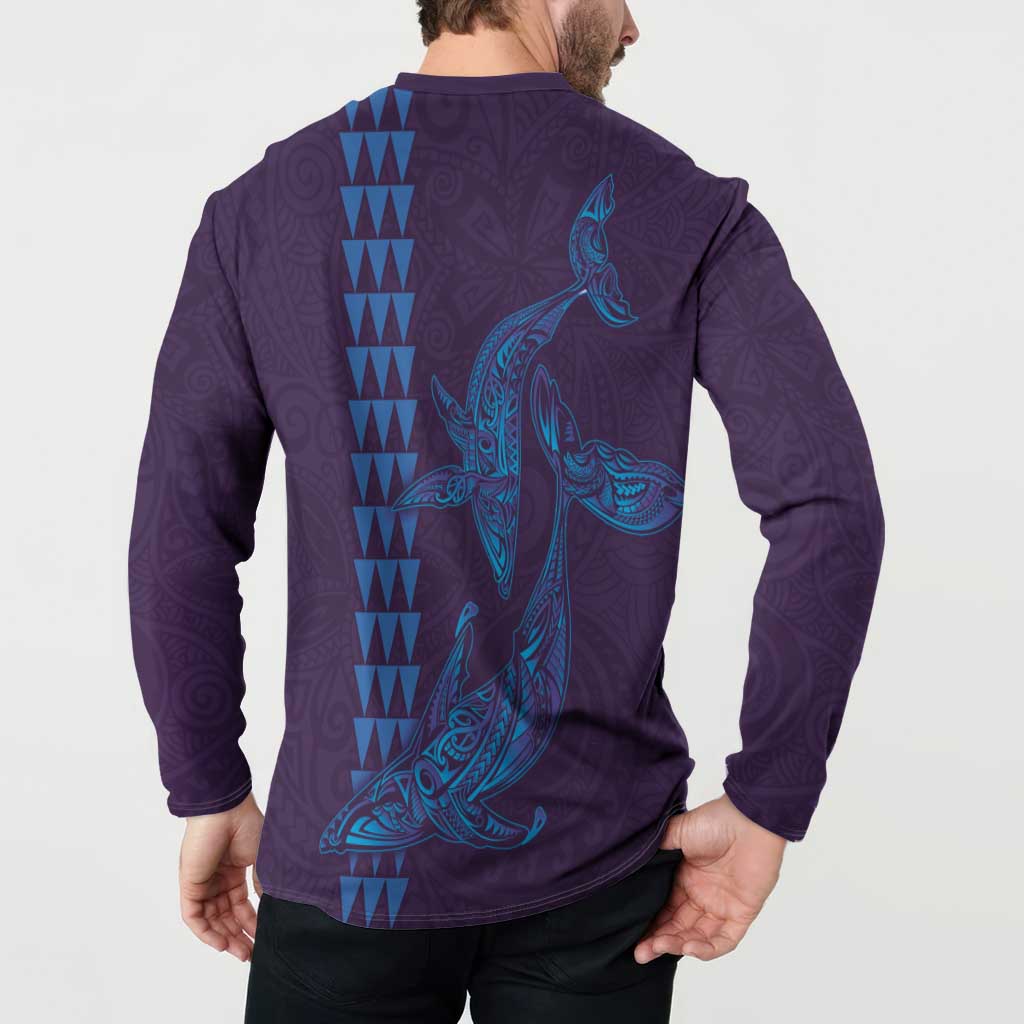 Aloha Hawaii Whale Kakau and Polynesian Tattoo Button Sweatshirt Purple Color