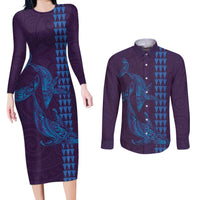 Aloha Hawaii Whale Kakau and Polynesian Tattoo Couples Matching Long Sleeve Bodycon Dress and Long Sleeve Button Shirt Purple Color