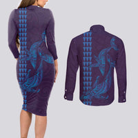 Aloha Hawaii Whale Kakau and Polynesian Tattoo Couples Matching Long Sleeve Bodycon Dress and Long Sleeve Button Shirt Purple Color