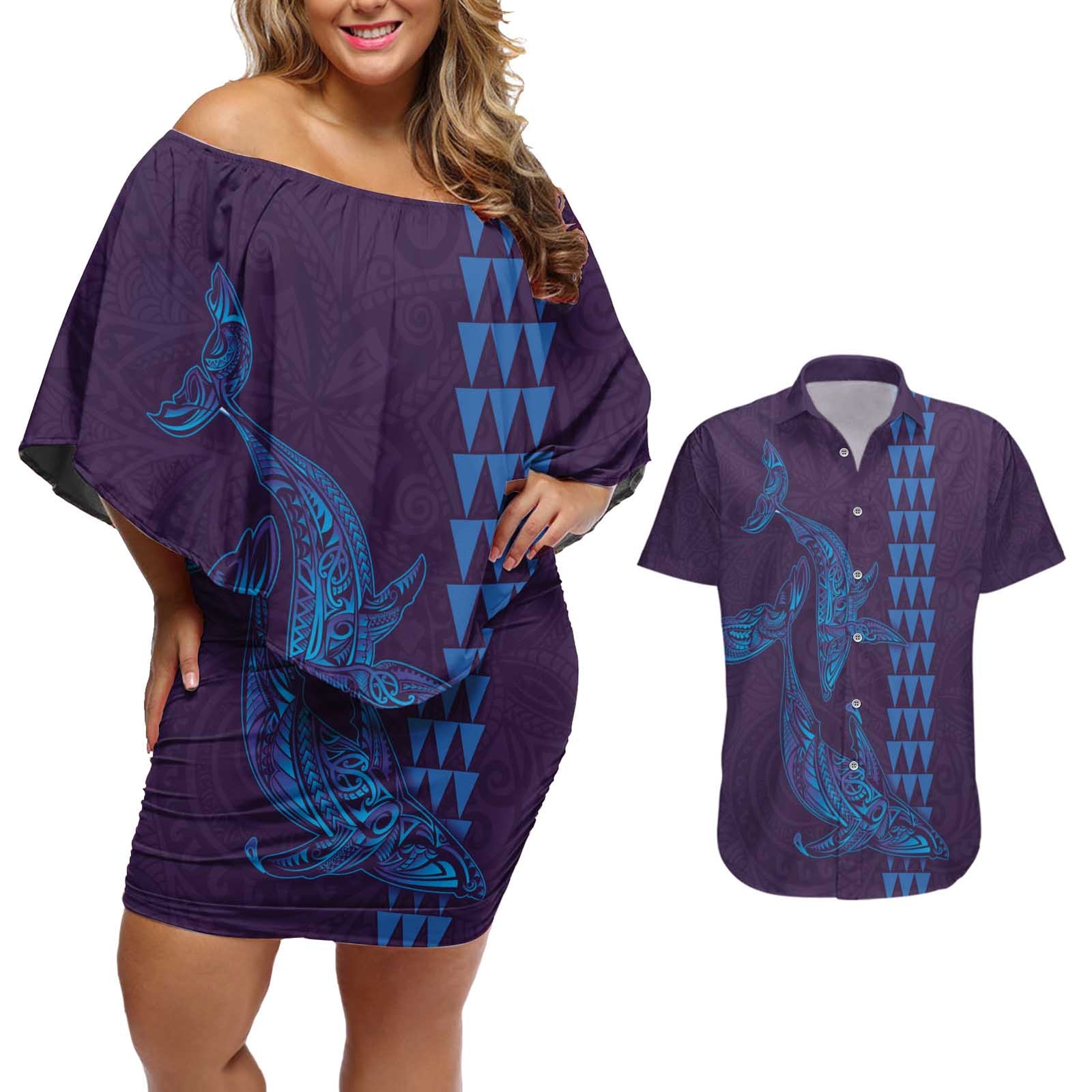 Aloha Hawaii Whale Kakau and Polynesian Tattoo Couples Matching Off Shoulder Short Dress and Hawaiian Shirt Purple Color