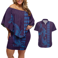 Aloha Hawaii Whale Kakau and Polynesian Tattoo Couples Matching Off Shoulder Short Dress and Hawaiian Shirt Purple Color
