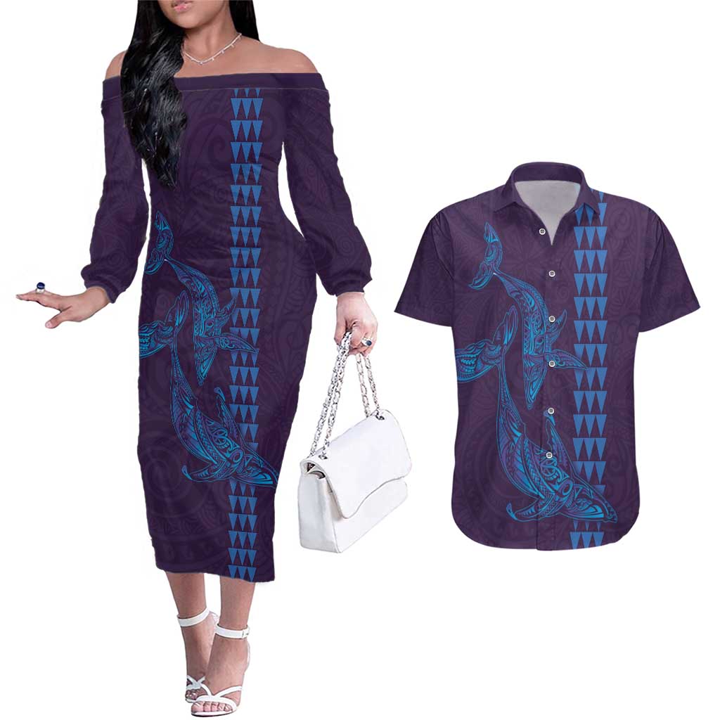 Aloha Hawaii Whale Kakau and Polynesian Tattoo Couples Matching Off The Shoulder Long Sleeve Dress and Hawaiian Shirt Purple Color