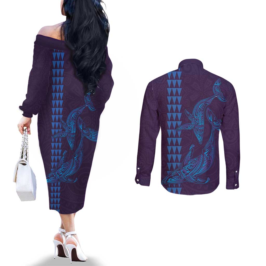 Aloha Hawaii Whale Kakau and Polynesian Tattoo Couples Matching Off The Shoulder Long Sleeve Dress and Long Sleeve Button Shirt Purple Color