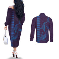 Aloha Hawaii Whale Kakau and Polynesian Tattoo Couples Matching Off The Shoulder Long Sleeve Dress and Long Sleeve Button Shirt Purple Color