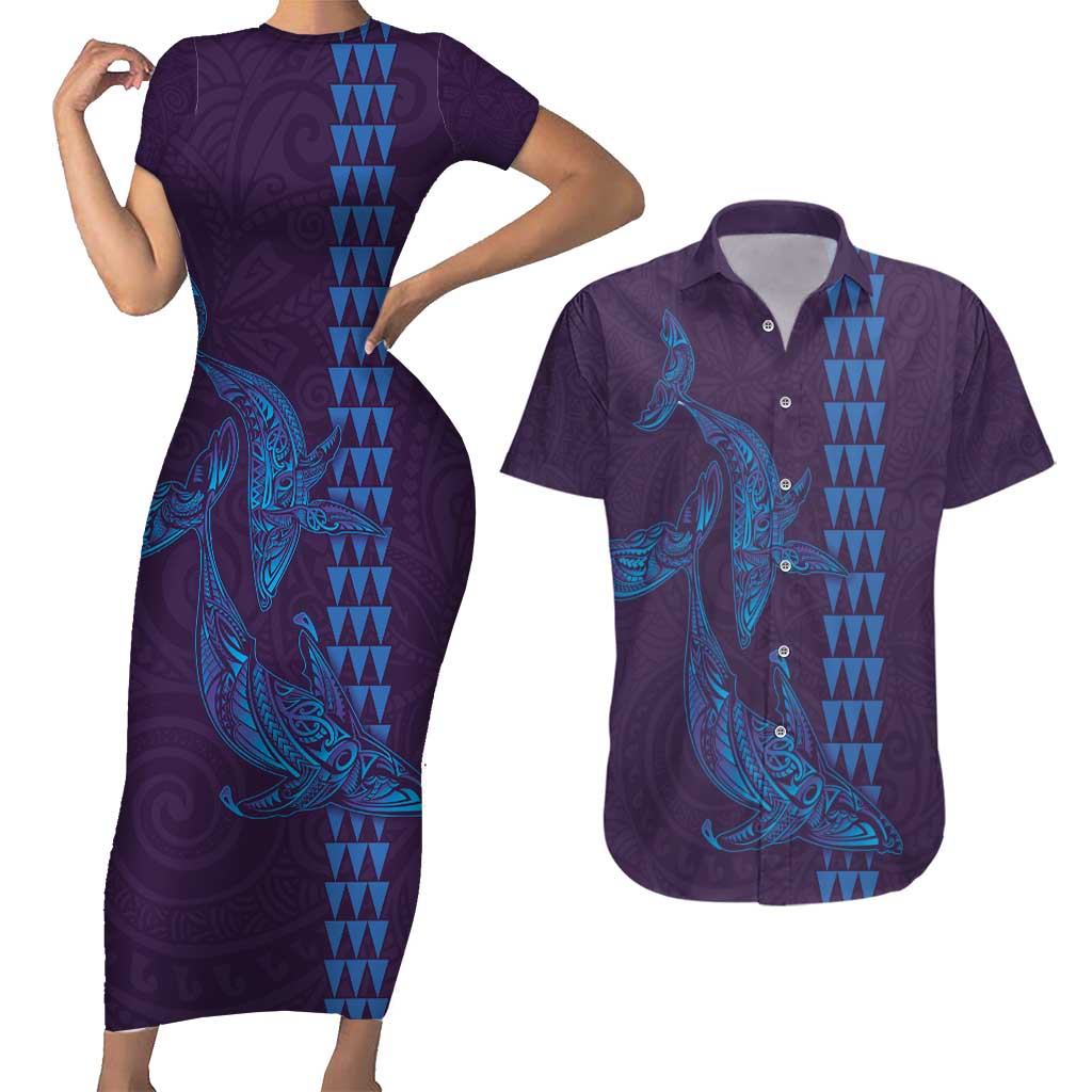 Aloha Hawaii Whale Kakau and Polynesian Tattoo Couples Matching Short Sleeve Bodycon Dress and Hawaiian Shirt Purple Color LT03 Purple - Polynesian Pride