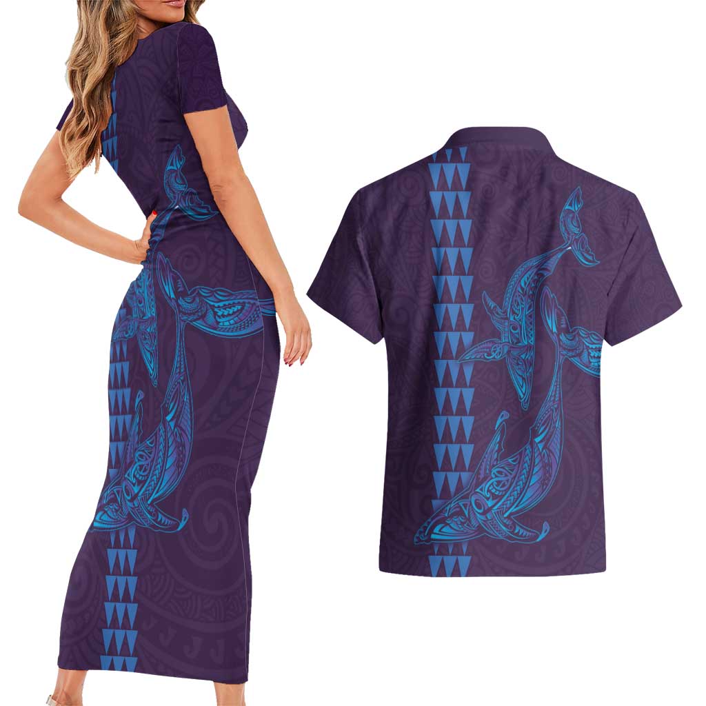 Aloha Hawaii Whale Kakau and Polynesian Tattoo Couples Matching Short Sleeve Bodycon Dress and Hawaiian Shirt Purple Color LT03 - Polynesian Pride