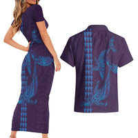 Aloha Hawaii Whale Kakau and Polynesian Tattoo Couples Matching Short Sleeve Bodycon Dress and Hawaiian Shirt Purple Color LT03 - Polynesian Pride