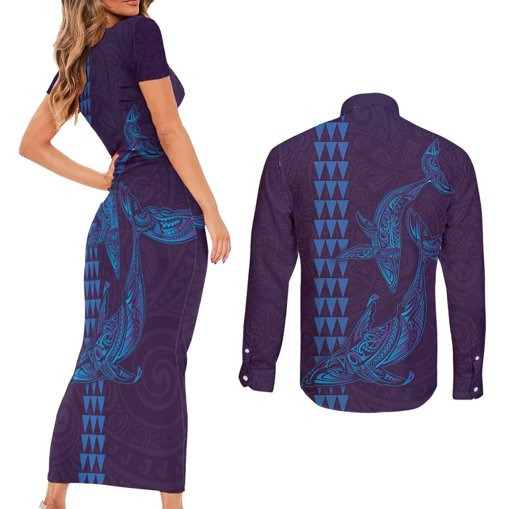 Aloha Hawaii Whale Kakau and Polynesian Tattoo Couples Matching Short Sleeve Bodycon Dress and Long Sleeve Button Shirt Purple Color