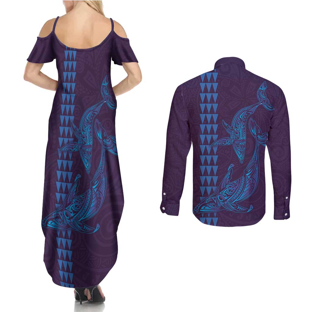 Aloha Hawaii Whale Kakau and Polynesian Tattoo Couples Matching Summer Maxi Dress and Long Sleeve Button Shirt Purple Color