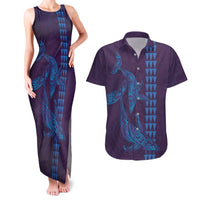 Aloha Hawaii Whale Kakau and Polynesian Tattoo Couples Matching Tank Maxi Dress and Hawaiian Shirt Purple Color