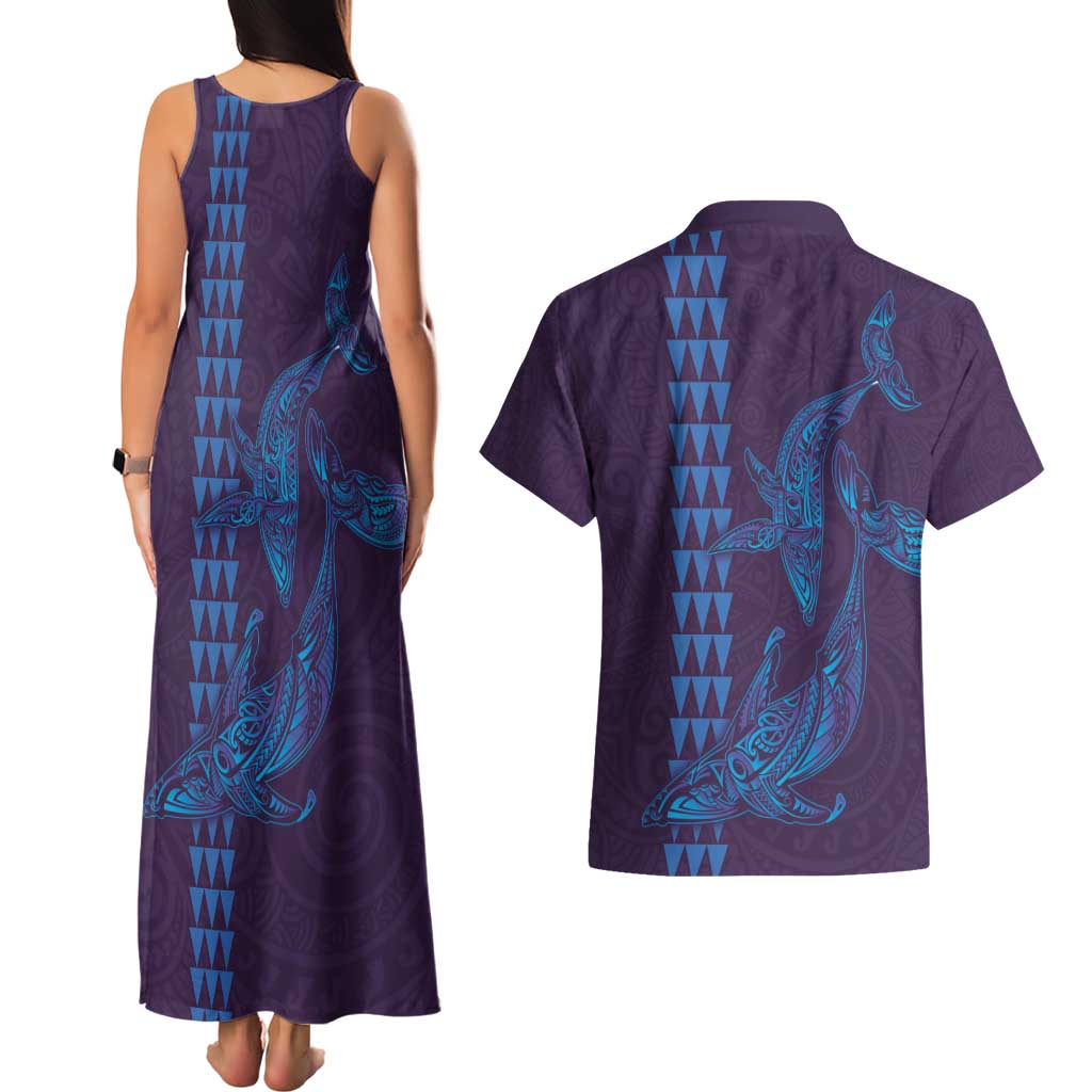 Aloha Hawaii Whale Kakau and Polynesian Tattoo Couples Matching Tank Maxi Dress and Hawaiian Shirt Purple Color