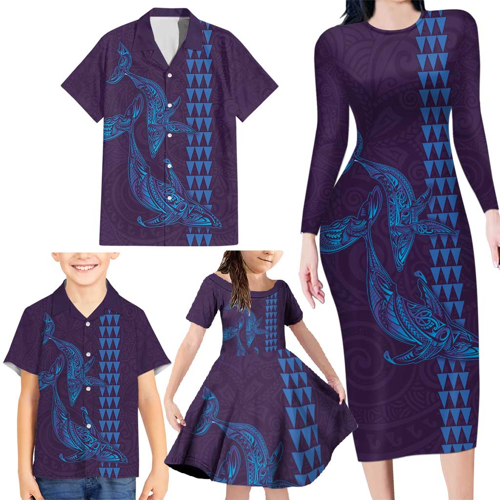 Aloha Hawaii Whale Kakau and Polynesian Tattoo Family Matching Long Sleeve Bodycon Dress and Hawaiian Shirt Purple Color LT03 - Polynesian Pride