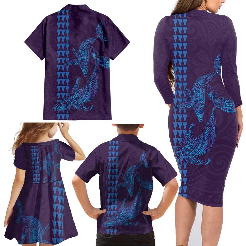 Aloha Hawaii Whale Kakau and Polynesian Tattoo Family Matching Long Sleeve Bodycon Dress and Hawaiian Shirt Purple Color LT03 - Polynesian Pride