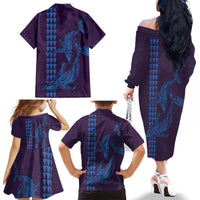 Aloha Hawaii Whale Kakau and Polynesian Tattoo Family Matching Off The Shoulder Long Sleeve Dress and Hawaiian Shirt Purple Color LT03 - Polynesian Pride