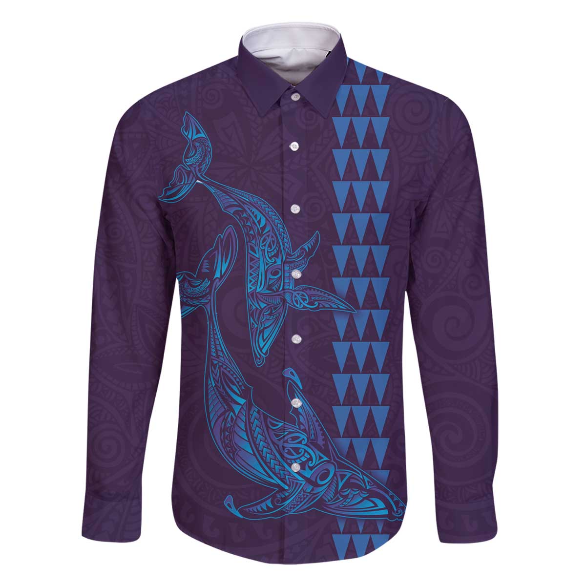 Aloha Hawaii Whale Kakau and Polynesian Tattoo Family Matching Off The Shoulder Long Sleeve Dress and Hawaiian Shirt Purple Color LT03 Dad's Shirt - Long Sleeve Purple - Polynesian Pride