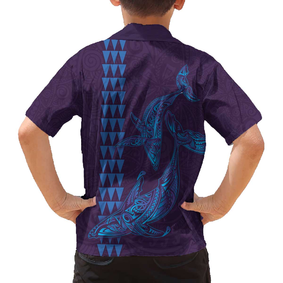 Aloha Hawaii Whale Kakau and Polynesian Tattoo Family Matching Off Shoulder Short Dress and Hawaiian Shirt Purple Color LT03 - Polynesian Pride