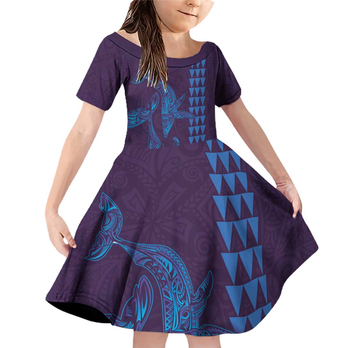 Aloha Hawaii Whale Kakau and Polynesian Tattoo Family Matching Off Shoulder Short Dress and Hawaiian Shirt Purple Color LT03 Daughter's Dress Purple - Polynesian Pride