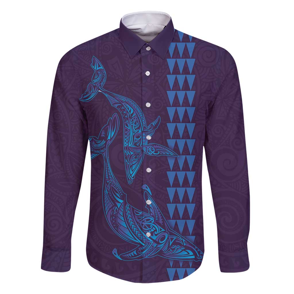 Aloha Hawaii Whale Kakau and Polynesian Tattoo Family Matching Tank Maxi Dress and Hawaiian Shirt Purple Color LT03 Dad's Shirt - Long Sleeve Purple - Polynesian Pride