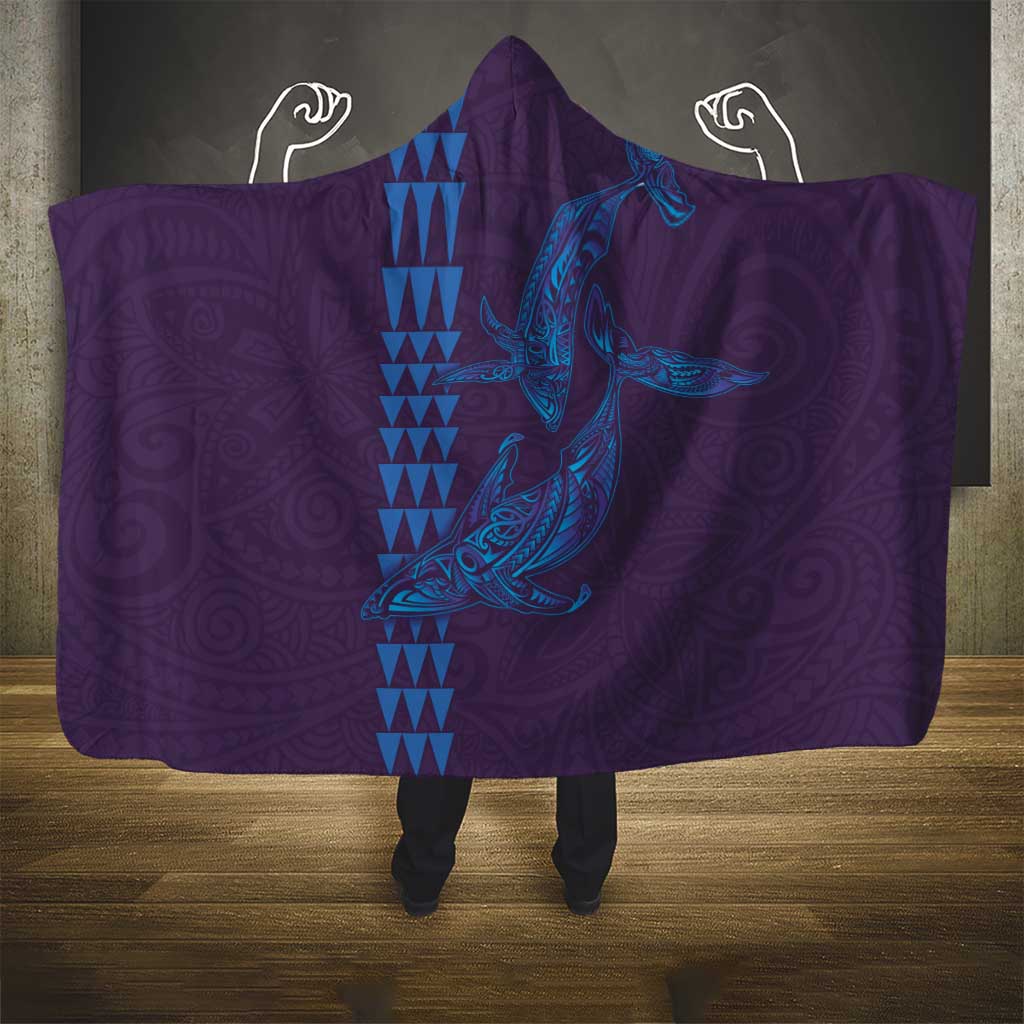 Aloha Hawaii Whale Kakau and Polynesian Tattoo Hooded Blanket Purple Color