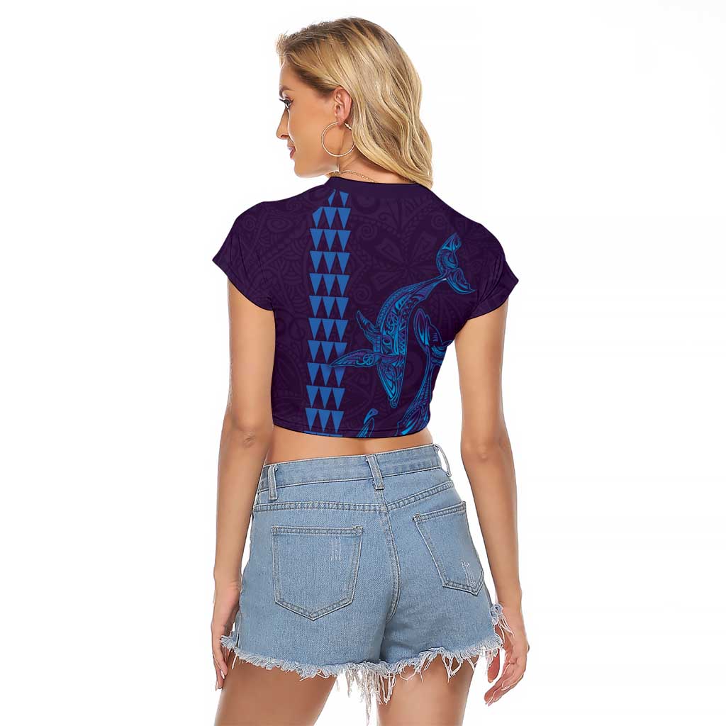 Aloha Hawaii Whale Kakau and Polynesian Tattoo Raglan Cropped T Shirt Purple Color