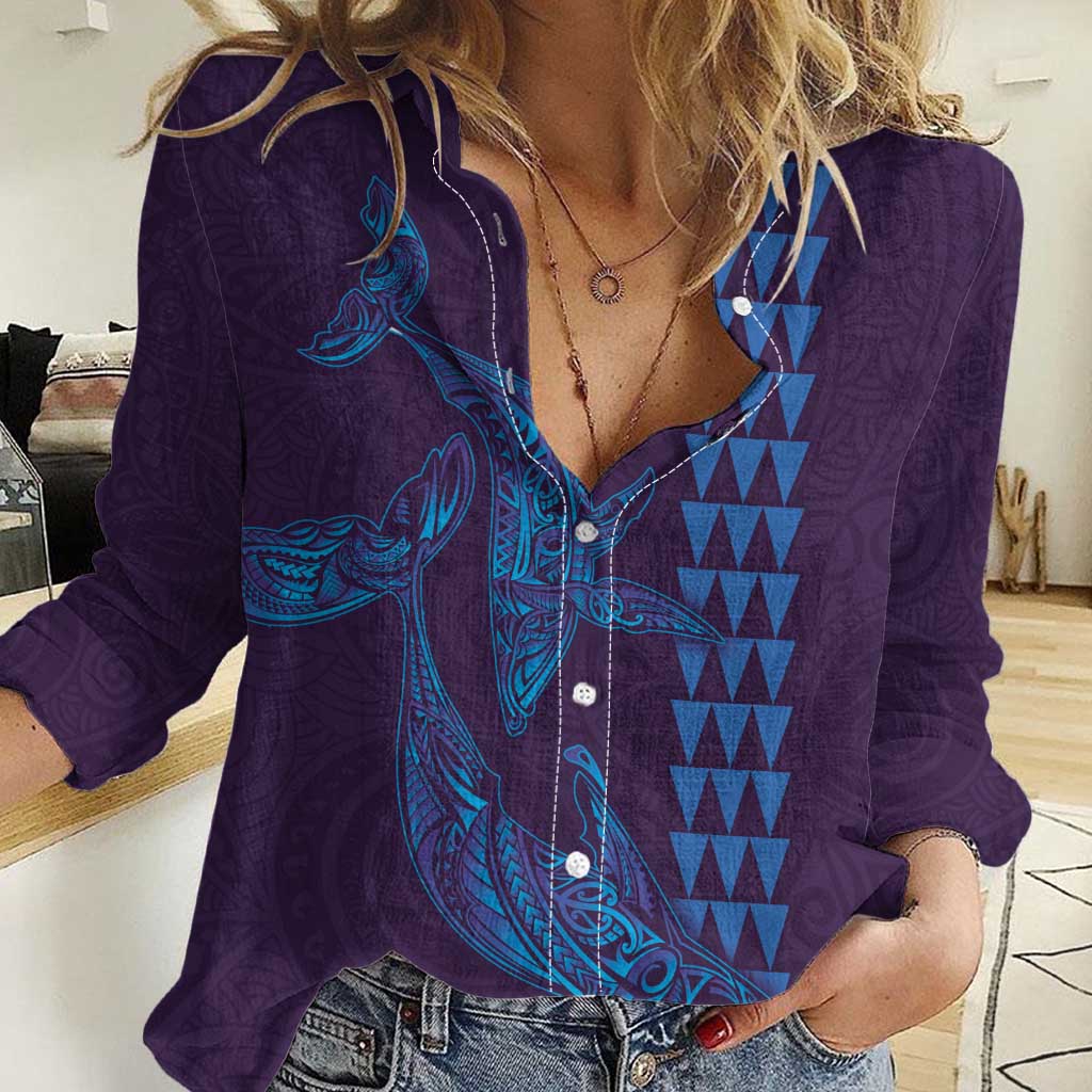 Aloha Hawaii Whale Kakau and Polynesian Tattoo Women Casual Shirt Purple Color