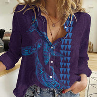 Aloha Hawaii Whale Kakau and Polynesian Tattoo Women Casual Shirt Purple Color
