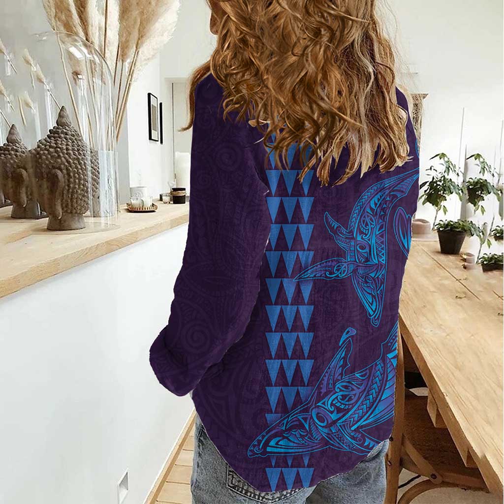 Aloha Hawaii Whale Kakau and Polynesian Tattoo Women Casual Shirt Purple Color