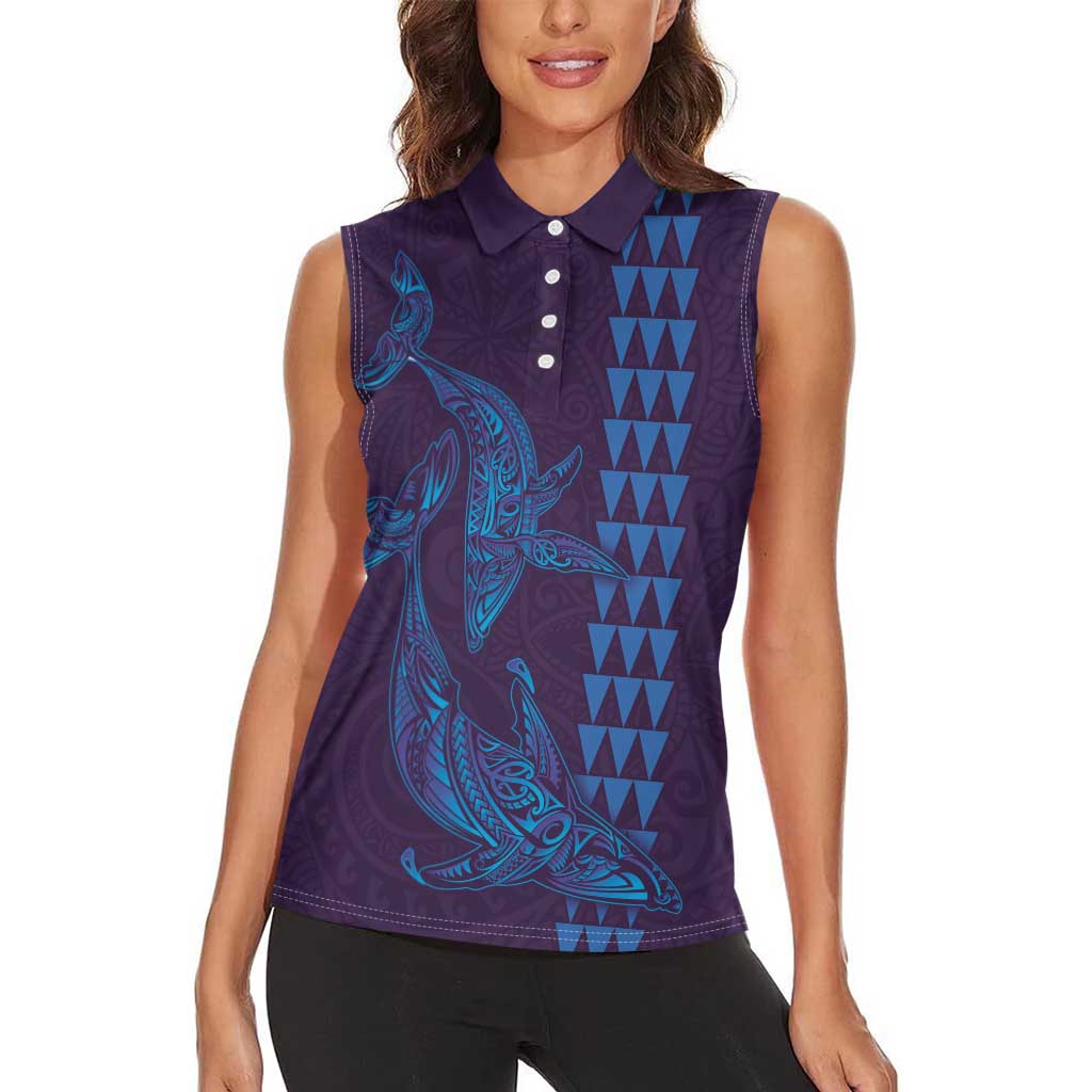 Aloha Hawaii Whale Kakau and Polynesian Tattoo Women Sleeveless Polo Shirt Purple Color