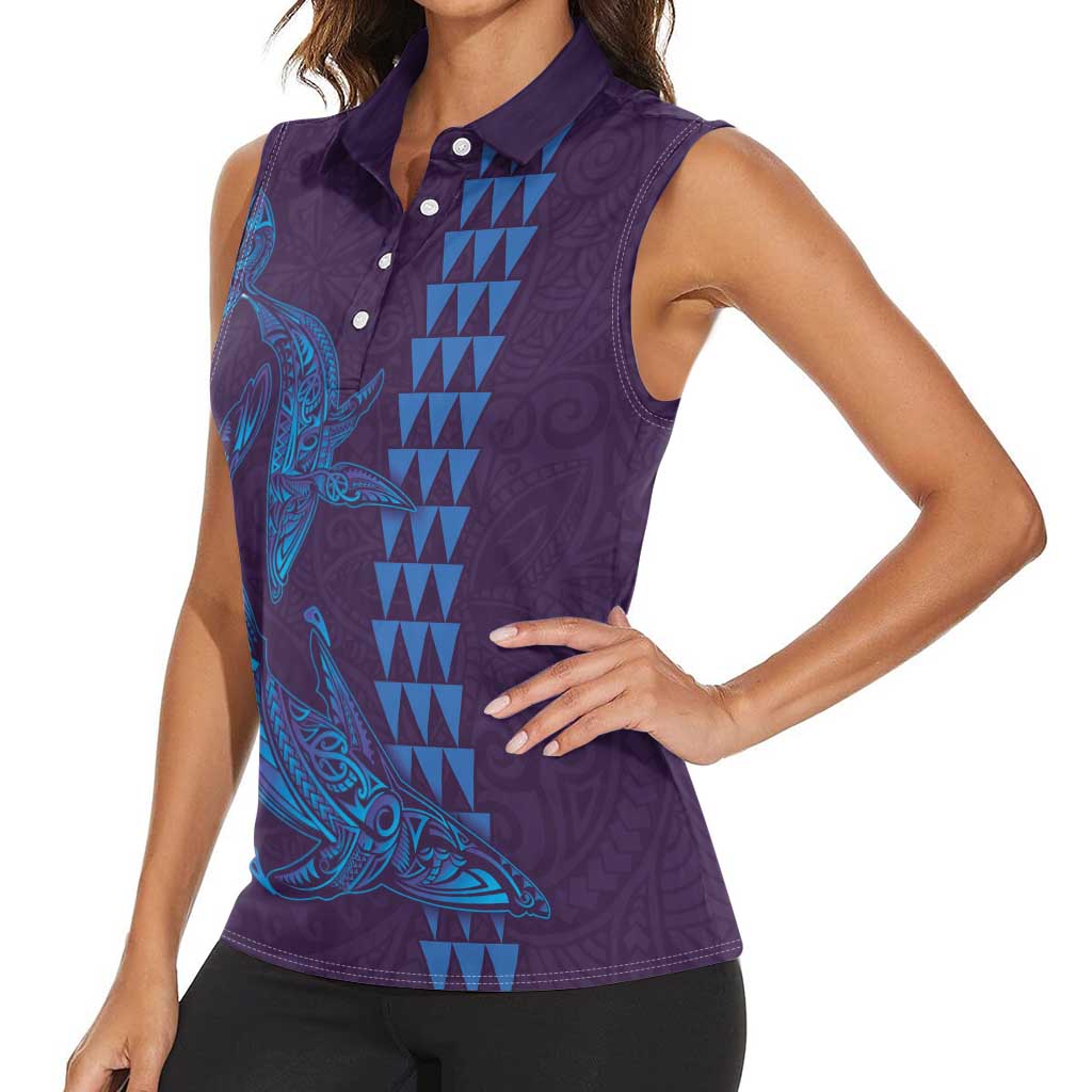 Aloha Hawaii Whale Kakau and Polynesian Tattoo Women Sleeveless Polo Shirt Purple Color