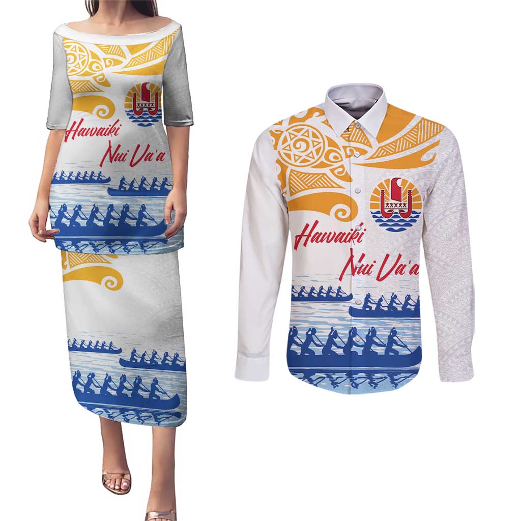 Personalised Hawaiki Nui Va'a French Polynesian Pattern Couples Matching Puletasi and Long Sleeve Button Shirt White Color