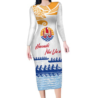 Personalised Hawaiki Nui Va'a French Polynesian Pattern Family Matching Long Sleeve Bodycon Dress and Hawaiian Shirt White Color LT03 Mom's Dress White - Polynesian Pride