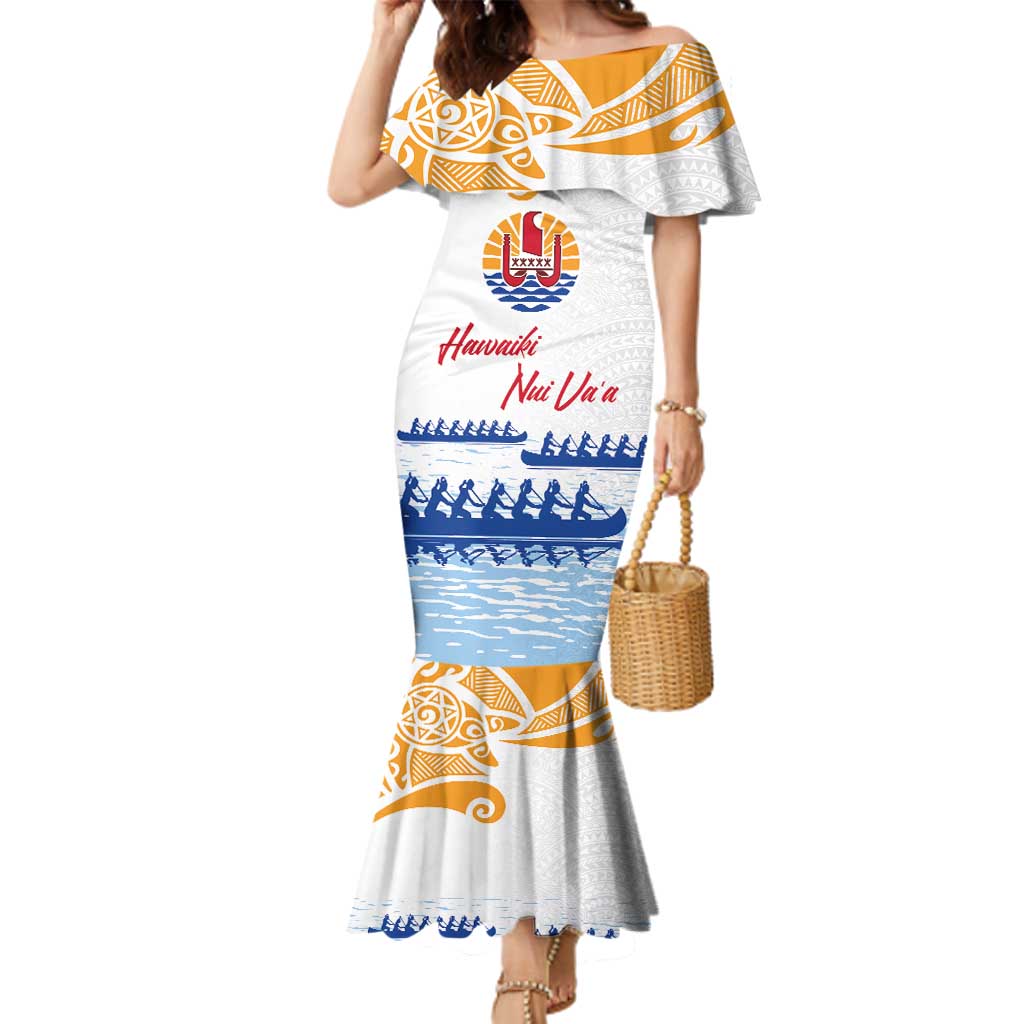 Personalised Hawaiki Nui Va'a French Polynesian Pattern Family Matching Mermaid Dress and Hawaiian Shirt White Color LT03 Mom's Dress White - Polynesian Pride