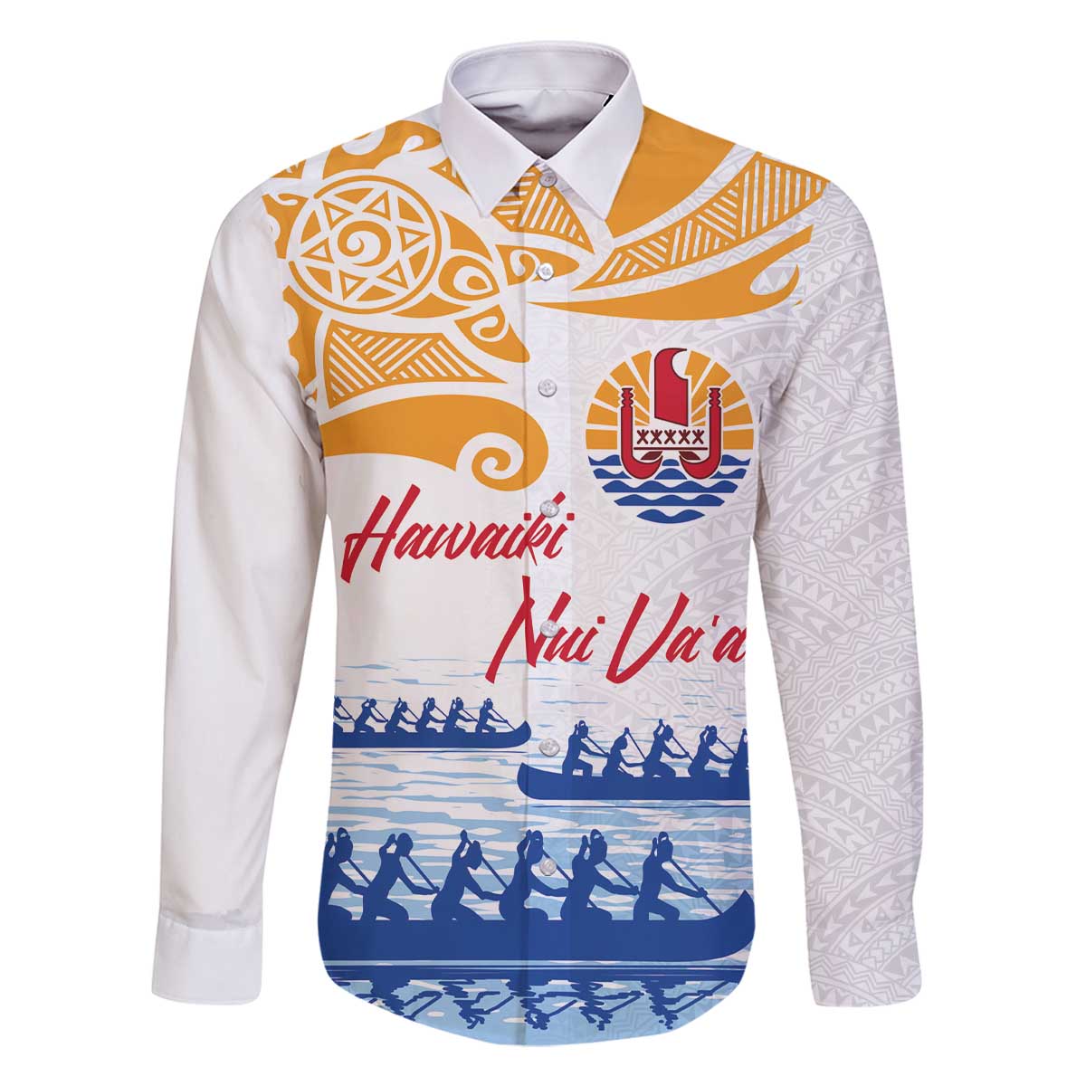 Personalised Hawaiki Nui Va'a French Polynesian Pattern Family Matching Off The Shoulder Long Sleeve Dress and Hawaiian Shirt White Color LT03 Dad's Shirt - Long Sleeve White - Polynesian Pride