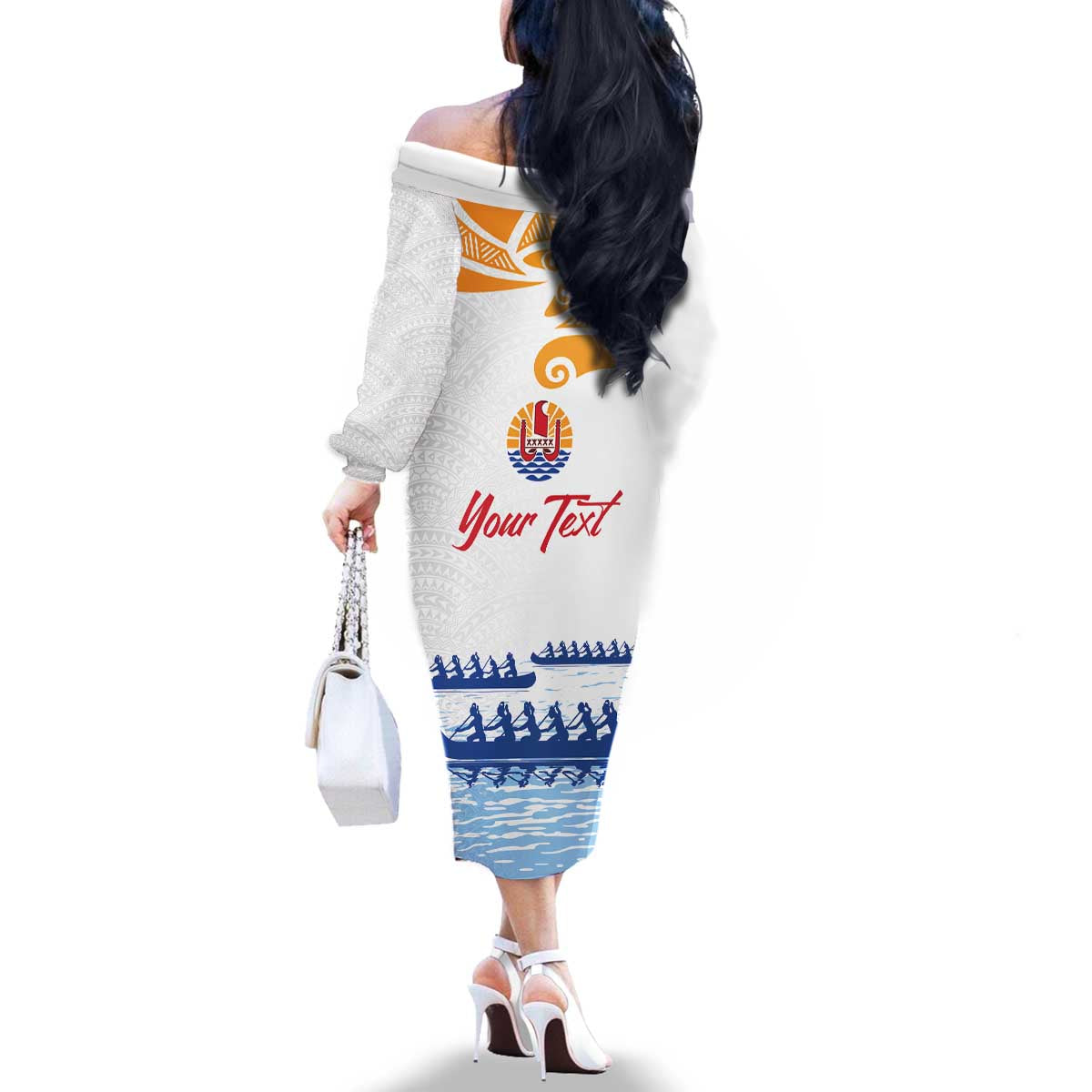 Personalised Hawaiki Nui Va'a French Polynesian Pattern Family Matching Off The Shoulder Long Sleeve Dress and Hawaiian Shirt White Color LT03 - Polynesian Pride