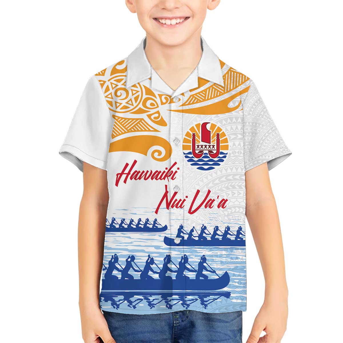 Personalised Hawaiki Nui Va'a French Polynesian Pattern Family Matching Off Shoulder Short Dress and Hawaiian Shirt White Color LT03 Son's Shirt White - Polynesian Pride