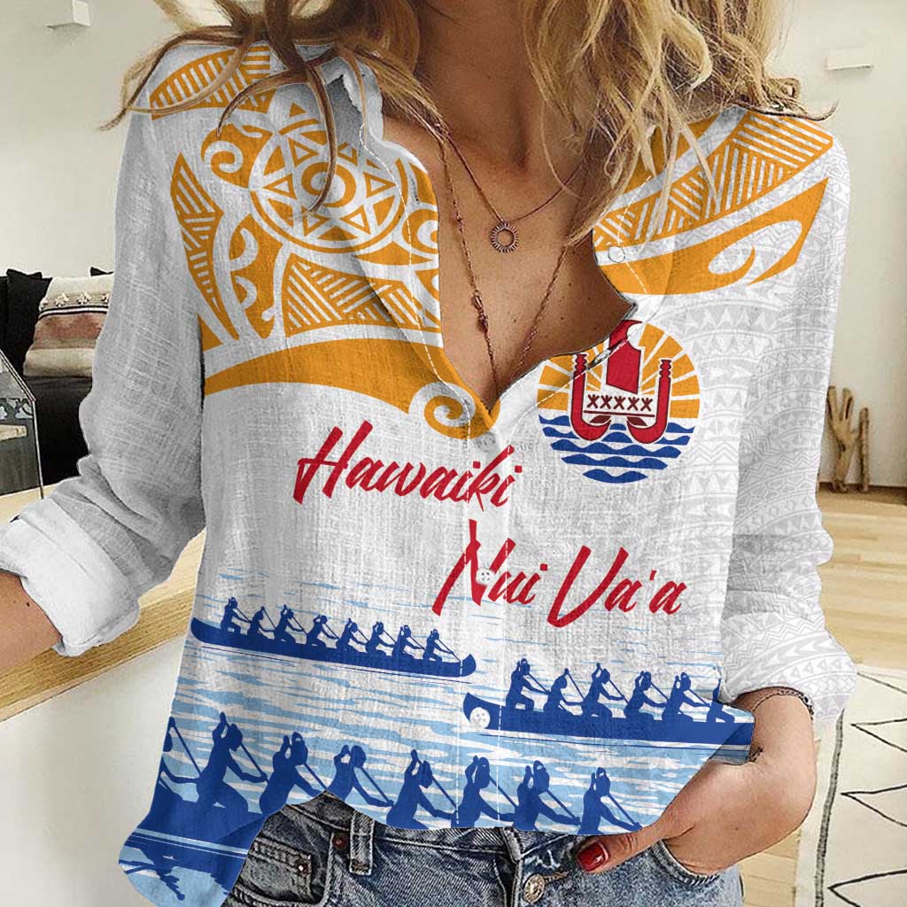Personalised Hawaiki Nui Va'a French Polynesian Pattern Women Casual Shirt White Color LT03 Female White - Polynesian Pride