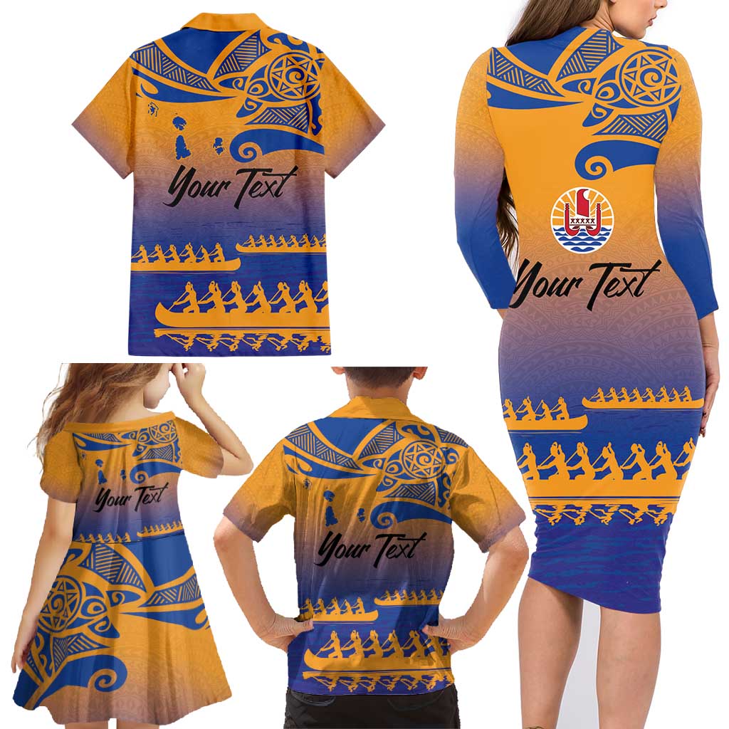 Personalised Hawaiki Nui Va'a French Polynesian Pattern Family Matching Long Sleeve Bodycon Dress and Hawaiian Shirt Sunset Color LT03 - Polynesian Pride