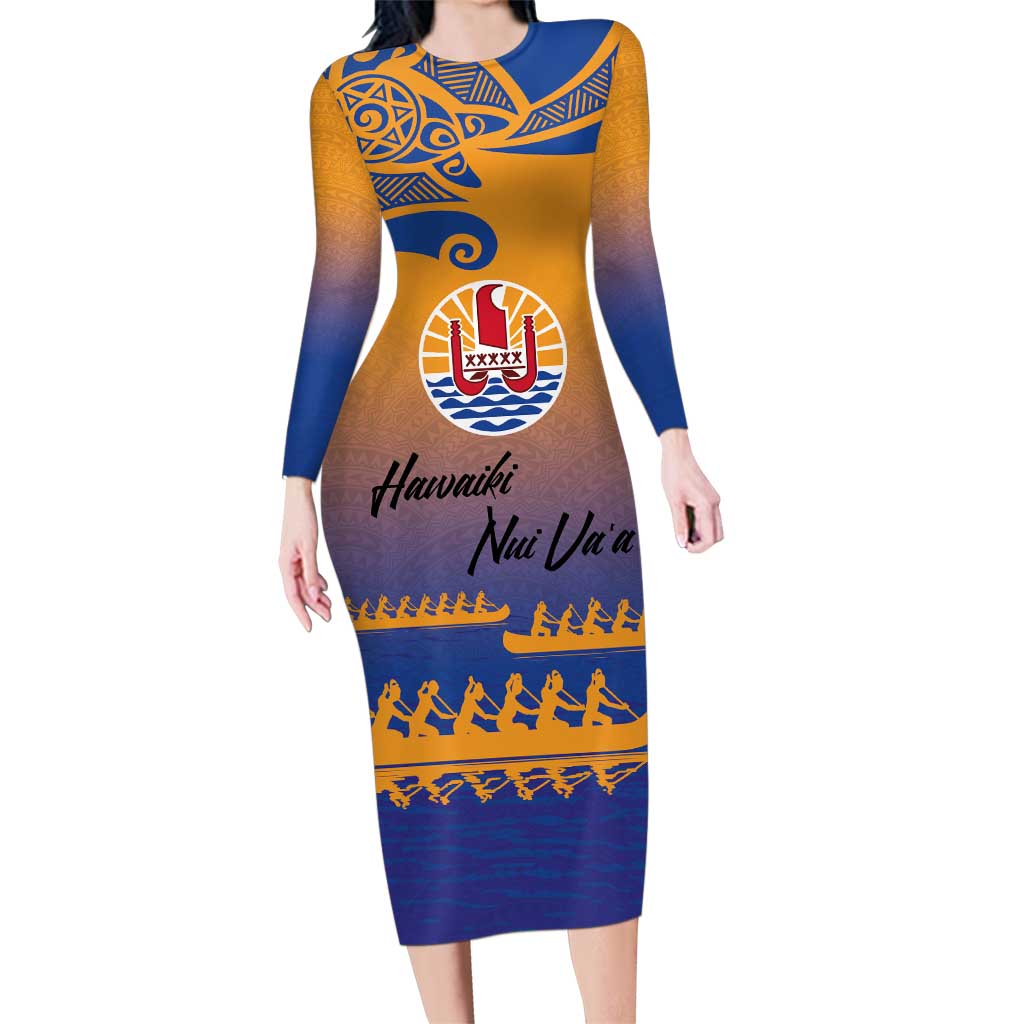 Personalised Hawaiki Nui Va'a French Polynesian Pattern Family Matching Long Sleeve Bodycon Dress and Hawaiian Shirt Sunset Color LT03 Mom's Dress Yellow - Polynesian Pride