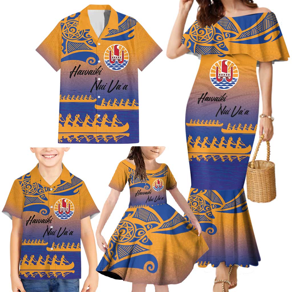 Personalised Hawaiki Nui Va'a French Polynesian Pattern Family Matching Mermaid Dress and Hawaiian Shirt Sunset Color LT03 - Polynesian Pride